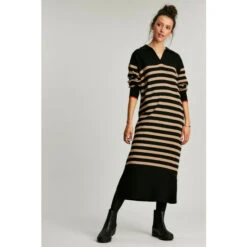 Joules Casey Open Collar Striped Black Knitted Midi Dress