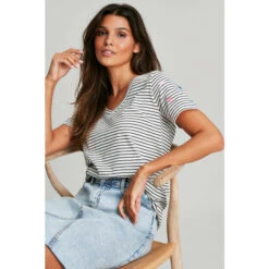 Joules Celina Black And White Stripe Bee V-Neck T-Shirt
